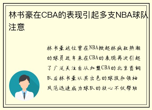 林书豪在CBA的表现引起多支NBA球队注意